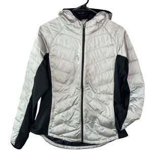 Women's Spyder Solitude Hoody Down Jacket Gray Black Quilted Puffer Jacket Ski L